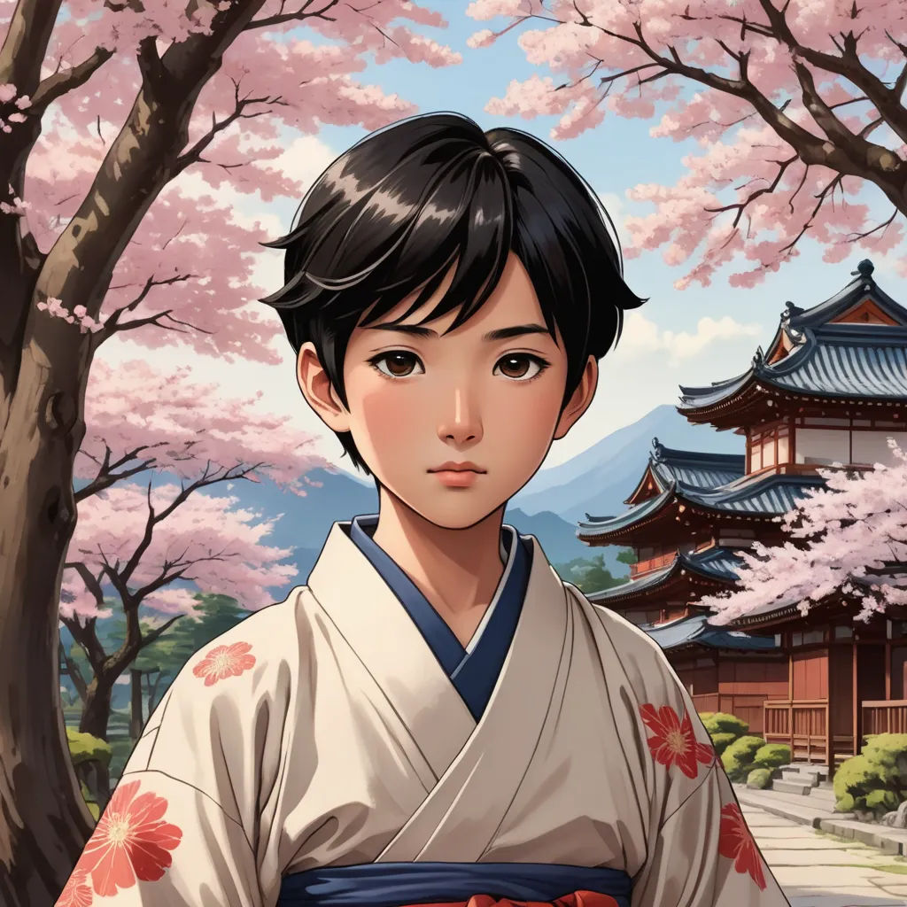 a woman in a kimono standing in front of a tree with pink flowers in the background and a pagoda in the background, sots art, a character portrait, Akihiko Yoshida, official art