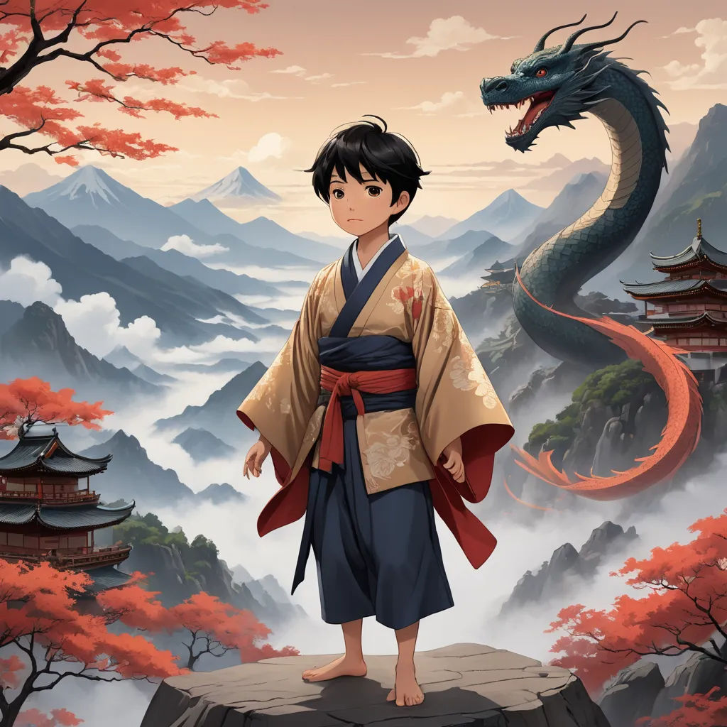 a young boy standing on a rock with a dragon in the background and a mountain in the foreground, fantasy art, a storybook illustration, Cliff Childs, official art