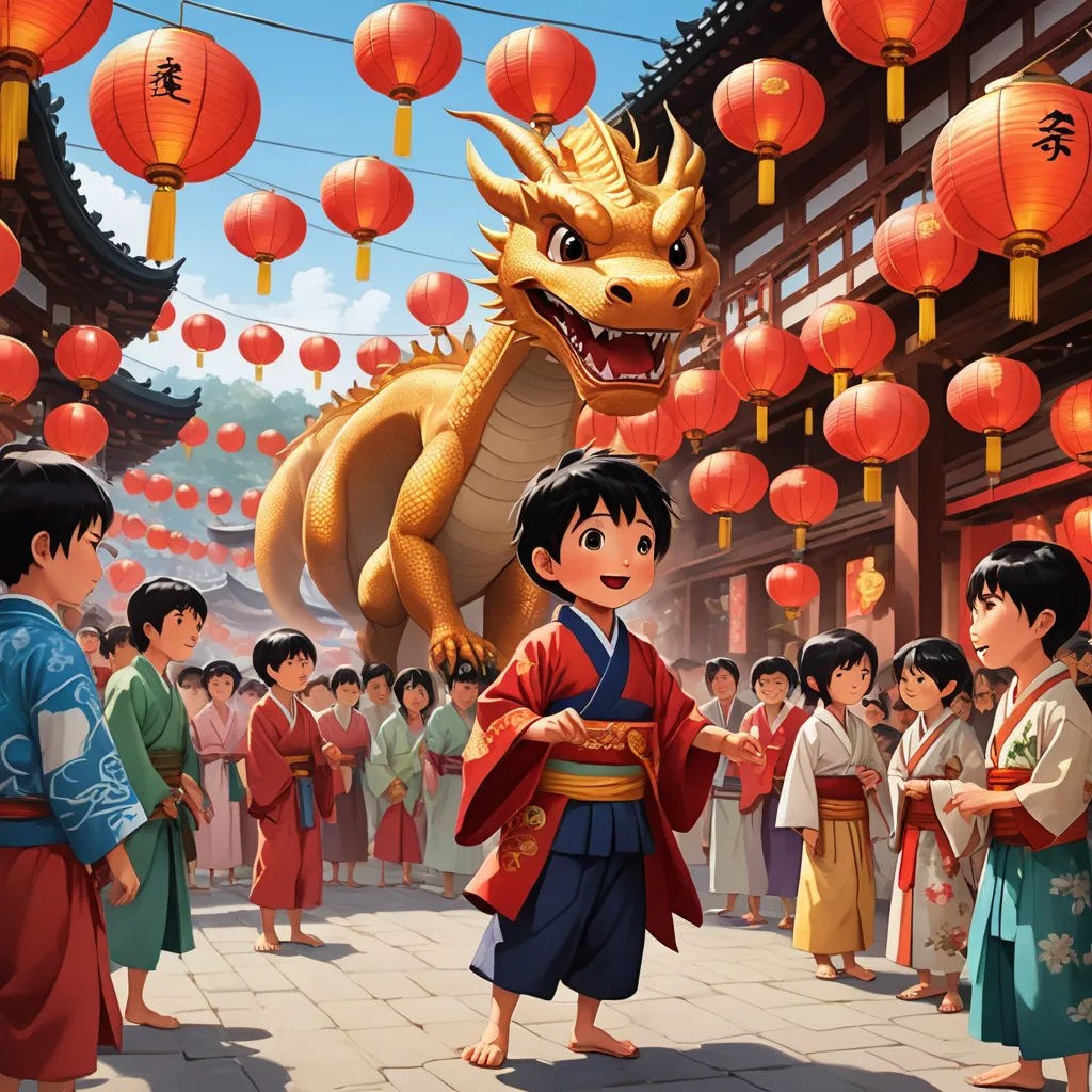 a cartoon of a boy in a chinese costume standing in front of a dragon and lanterns with other people, photorealism, a storybook illustration, Diego Gisbert Llorens, rossdraws global illumination