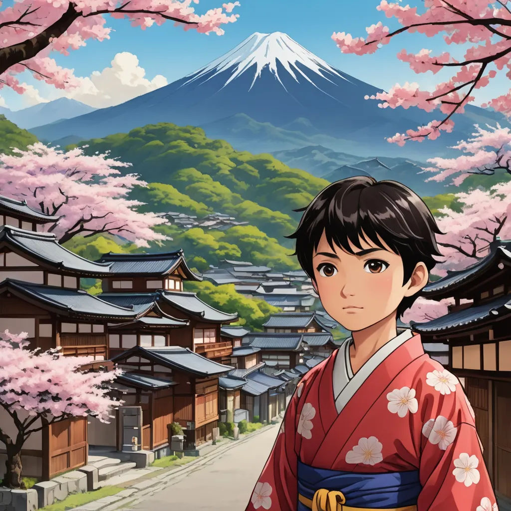 a woman in a kimono standing in front of a mountain with cherry blossoms on it and a pagoda in the background, ukiyo-e, a character portrait, Adam Manyoki, official art