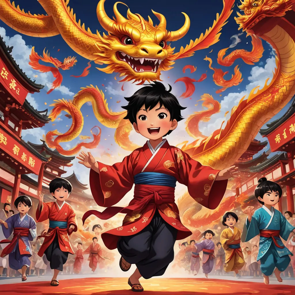 a young boy in a red and blue kimono is dancing with a dragon on his head and a crowd of people behind him, lyco art, a storybook illustration, Du Jin, official art