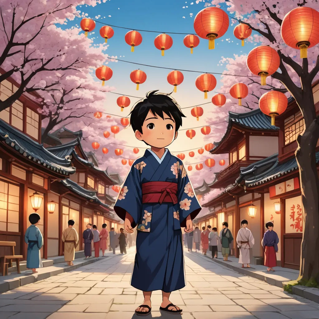 a young boy in a kimono standing in a street with lanterns hanging above him and a woman in a kimono standing in front of him, ukiyo-e, a detailed matte painting, Diego Gisbert Llorens, official art
