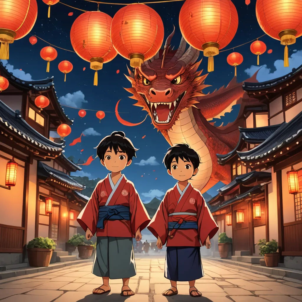 two children standing in front of a dragon and lanterns in a city at night with lanterns hanging from the ceiling, magical realism, a storybook illustration, Eishōsai Chōki, official art