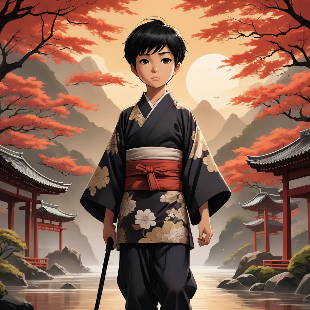 a man in a kimono holding a cane in front of a landscape with trees and mountains in the background, ukiyo-e, a storybook illustration, Cliff Childs, official art