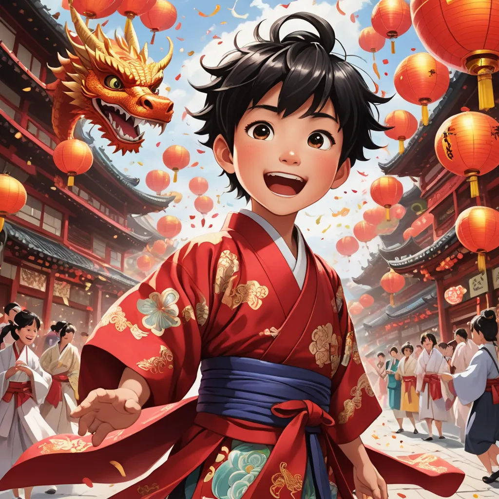 a young boy in a kimono and a dragon in the background with lanterns flying overhead and a woman in a kimono, photorealism, a storybook illustration, Chen Hong, official art