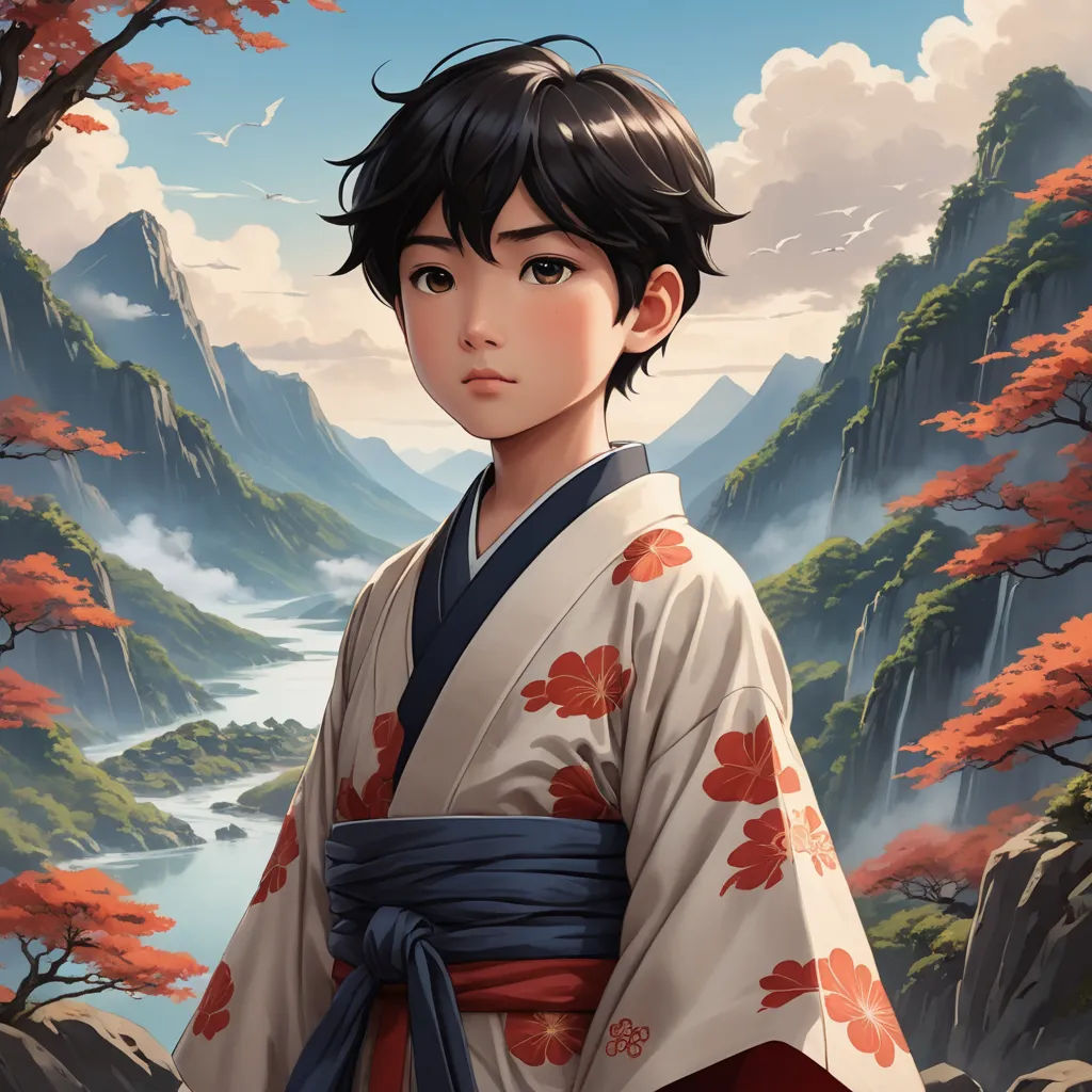 a young man in a kimono standing in front of a mountain landscape with a river and trees in the background, fantasy art, a detailed painting, Artgerm, cushart krenz