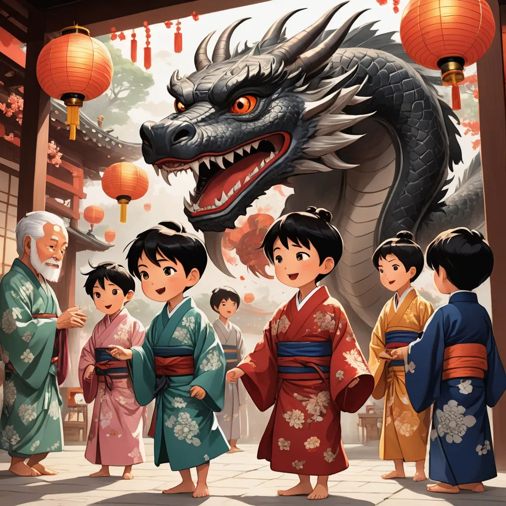 a group of people standing next to a dragon in a room with lanterns on the ceiling and lanterns hanging from the ceiling, ukiyo-e, a storybook illustration, Diego Gisbert Llorens, storybook illustration