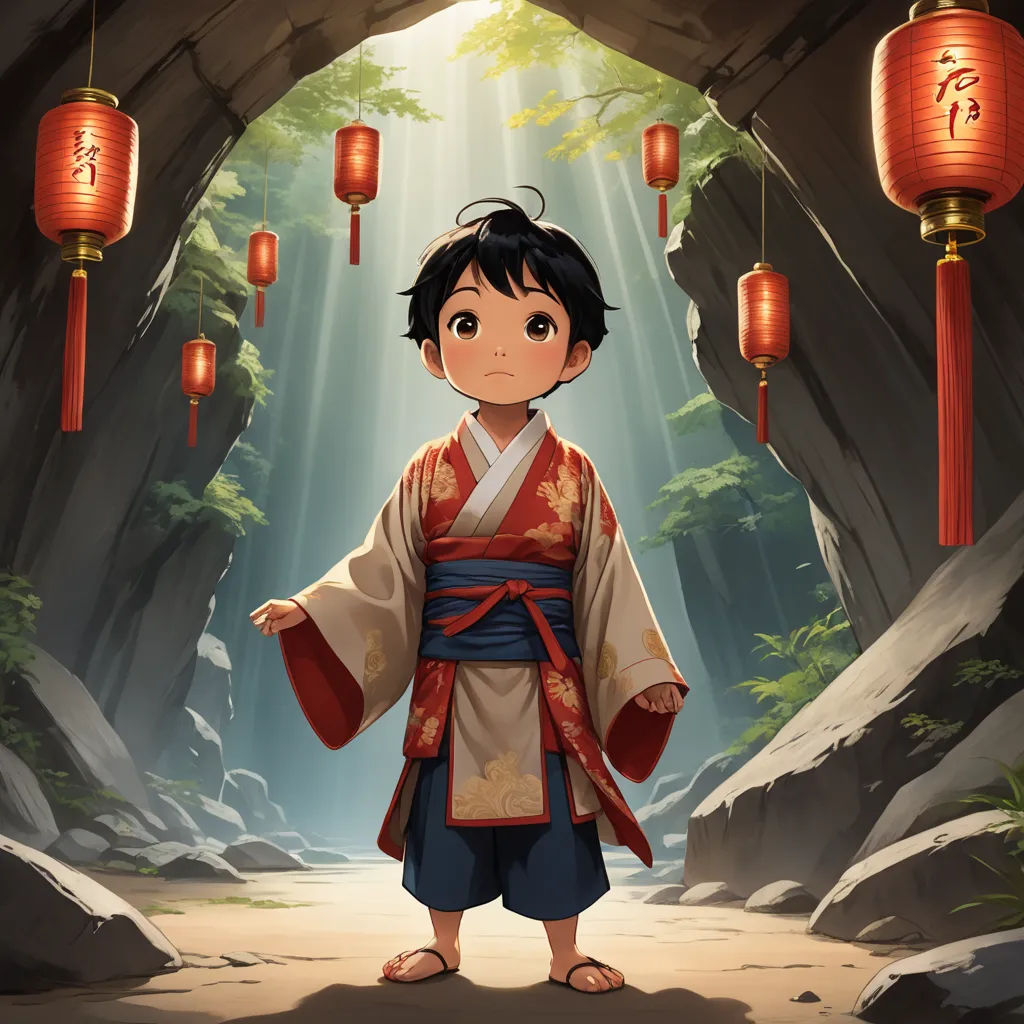 a boy in a chinese costume standing in a cave with lanterns hanging from the ceiling and a light coming from the ceiling, fantasy art, concept art, Chen Chun, rossdraws global illumination