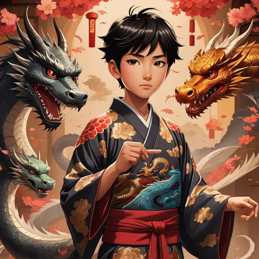 a young boy in a kimono and dragon head holding a cigarette in his hand and looking at the camera, fantasy art, a storybook illustration, Artgerm, stanley artgerm lau