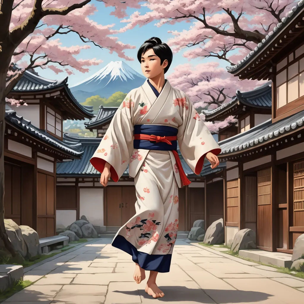 a woman in a kimono walking down a street in front of a tree with pink flowers on it, ukiyo-e, a character portrait, Artgerm, official art
