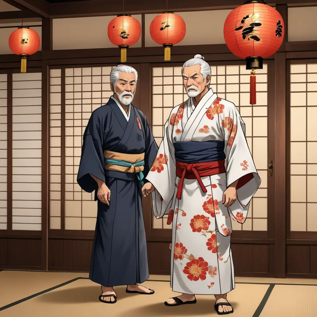 two asian men standing in a room with oriental lanterns hanging above them and a lantern hanging above them,, sots art, concept art, Baiōken Eishun, official art