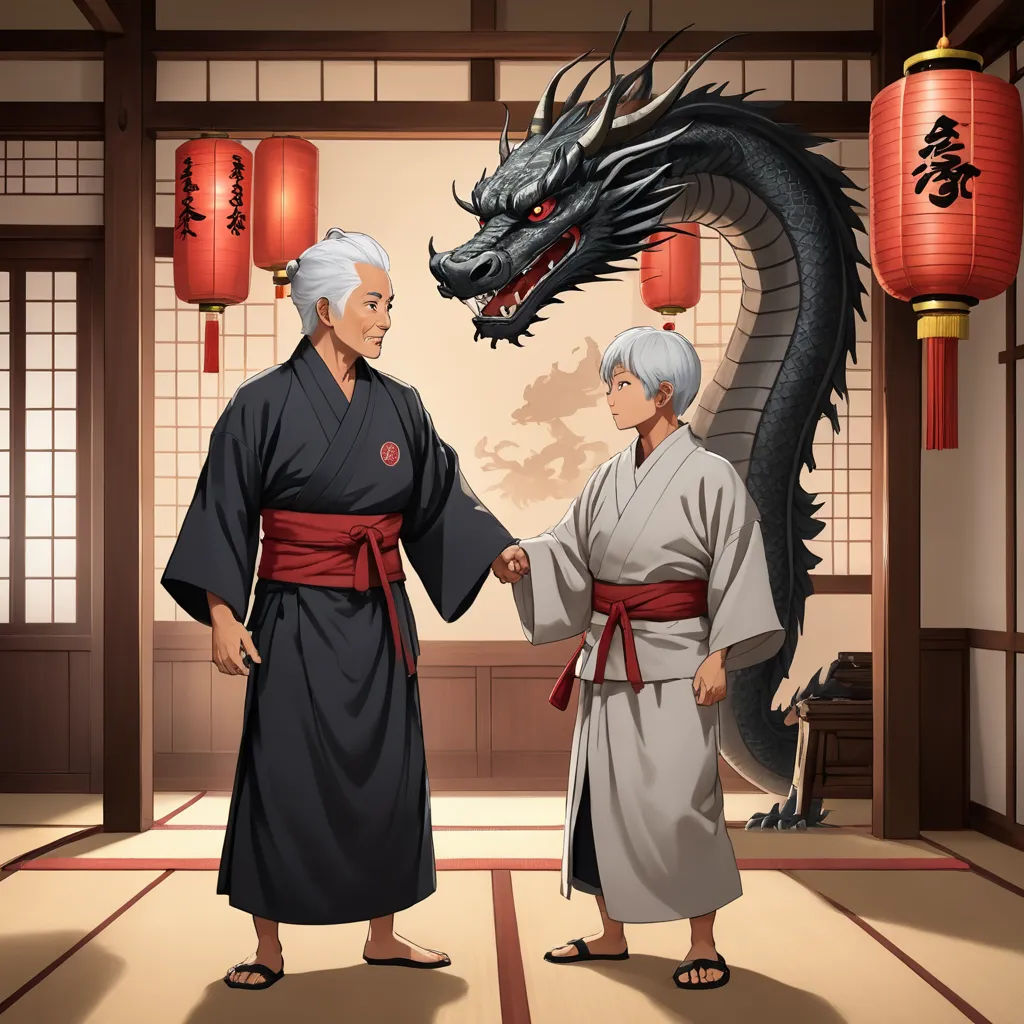 a couple of people standing next to a dragon on a wall in a room with a painting on the wall, sots art, a storybook illustration, Baiōken Eishun, official art
