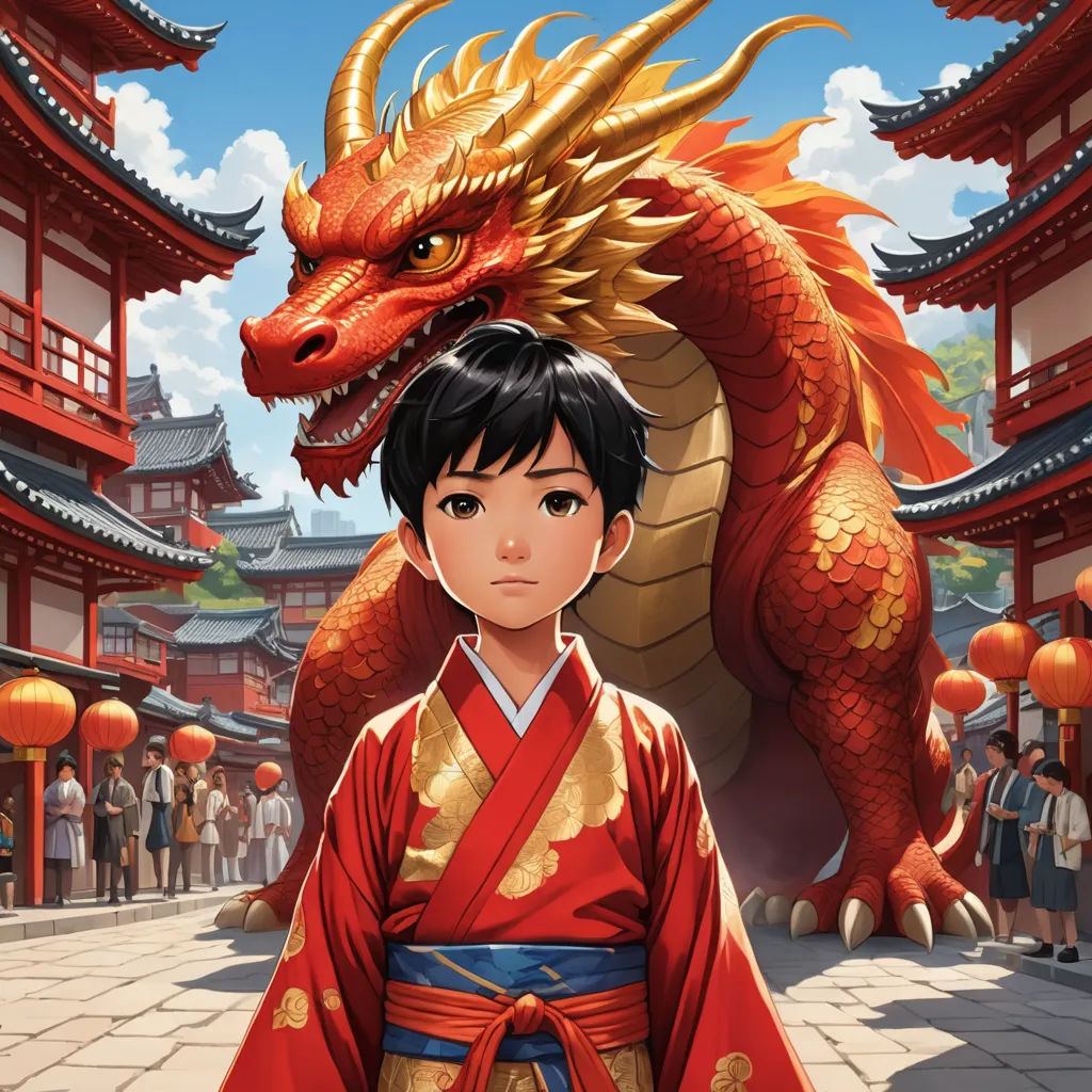 a young boy in a red kimono stands in front of a dragon statue in a chinese city with people in the background, fantasy art, a storybook illustration, Drew Struzan, official art