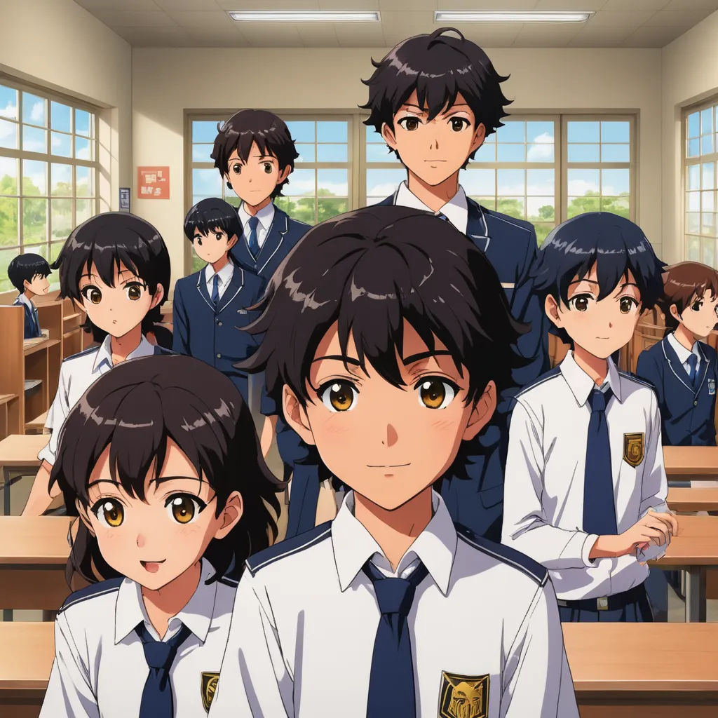 a group of young people standing in a classroom together in front of a desk with a window behind them, rayonism, computer graphics, Ai-Mitsu, official art
