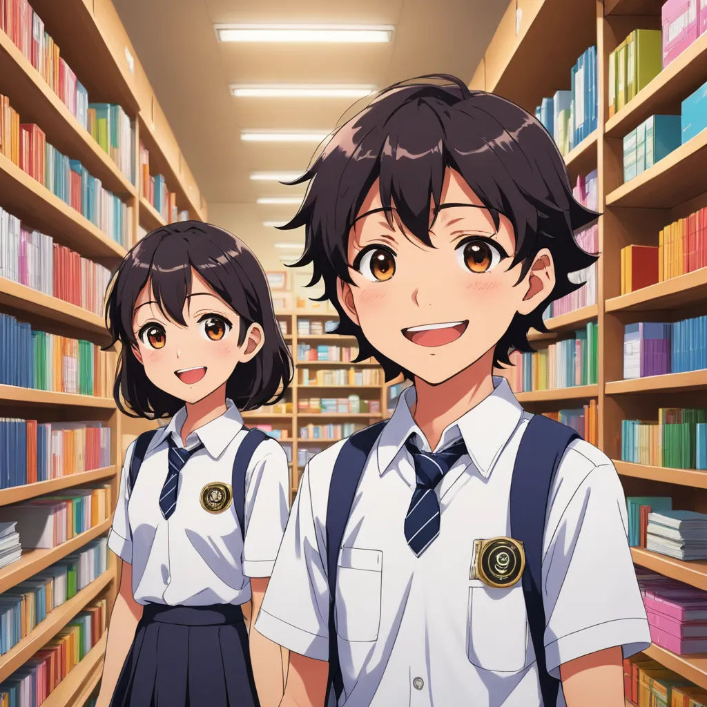 two young girls standing in front of a library filled with books and bookshelves, with one girl wearing a school uniform, remodernism, concept art, Aya Goda, official art