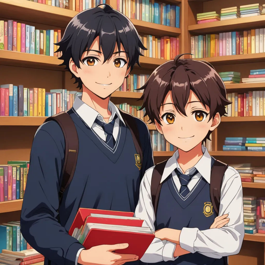 two people standing in front of a book shelf with books on it and a book in front of them, sots art, concept art, Ai-Mitsu, official art