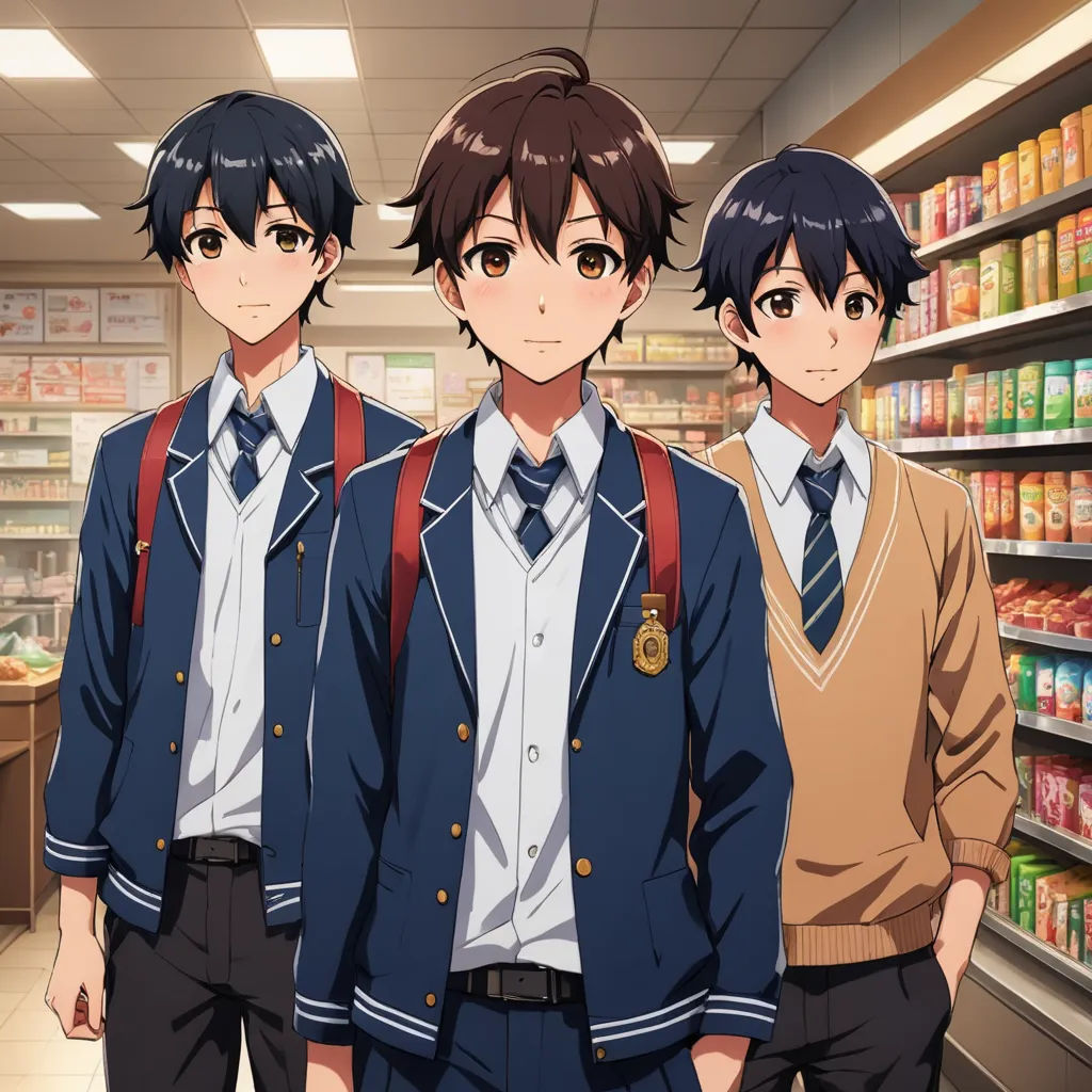 three young men in school uniforms standing in a store aisle with shelves of food behind them and a shelf of canned goods behind them, rayonism, concept art, Ai-Mitsu, official art