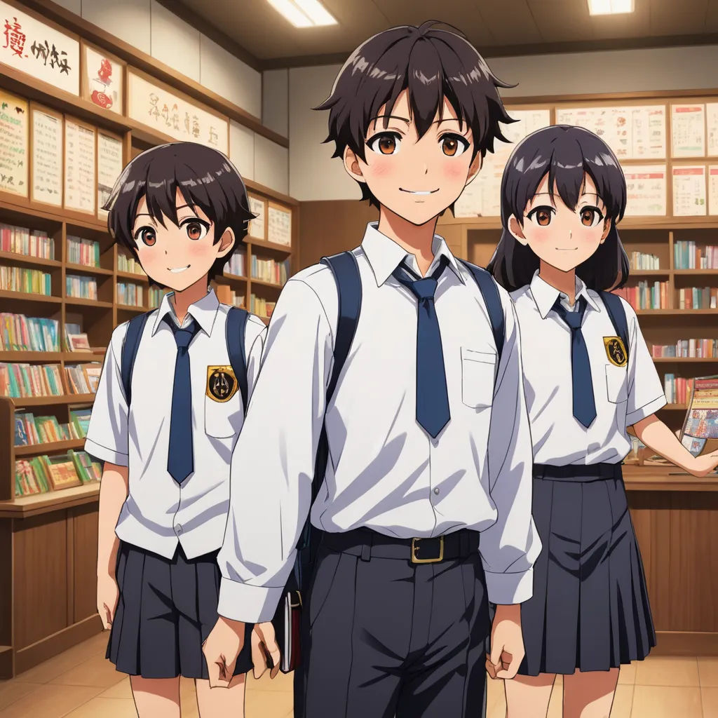 a group of young people standing in front of a library filled with books and bookshelves with anime characters on them, remodernism, concept art, Baiōken Eishun, official art