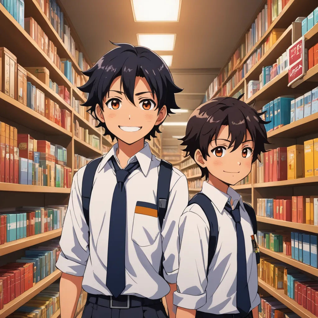 two young men standing in front of a library filled with books and bookshelves, one wearing a tie, rayonism, concept art, Ai-Mitsu, official art