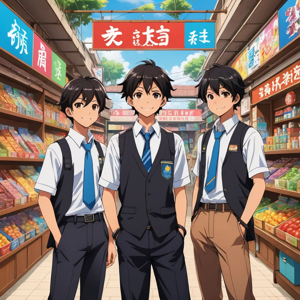 three young men standing in a grocery store aisle with their backs turned to the camera, with the shelves of food behind them, remodernism, concept art, Ai-Mitsu, official art