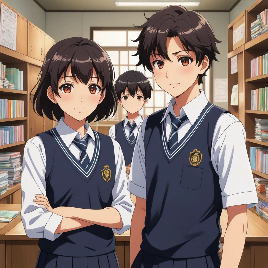a group of young people standing in a library next to each other with their arms crossed and looking at the camera, sots art, poster art, Ai-Mitsu, official art