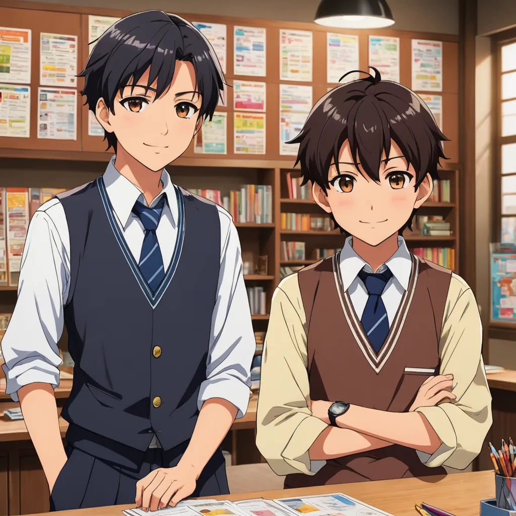 two people standing in front of a desk in a library with bookshelves and a bookcase behind them, remodernism, concept art, Ai-Mitsu, official art