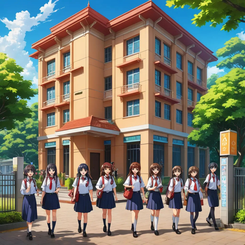 a group of girls in school uniforms standing in front of a building with a gate and trees in front of them, rayonism, a painting, Ai-Mitsu, official art