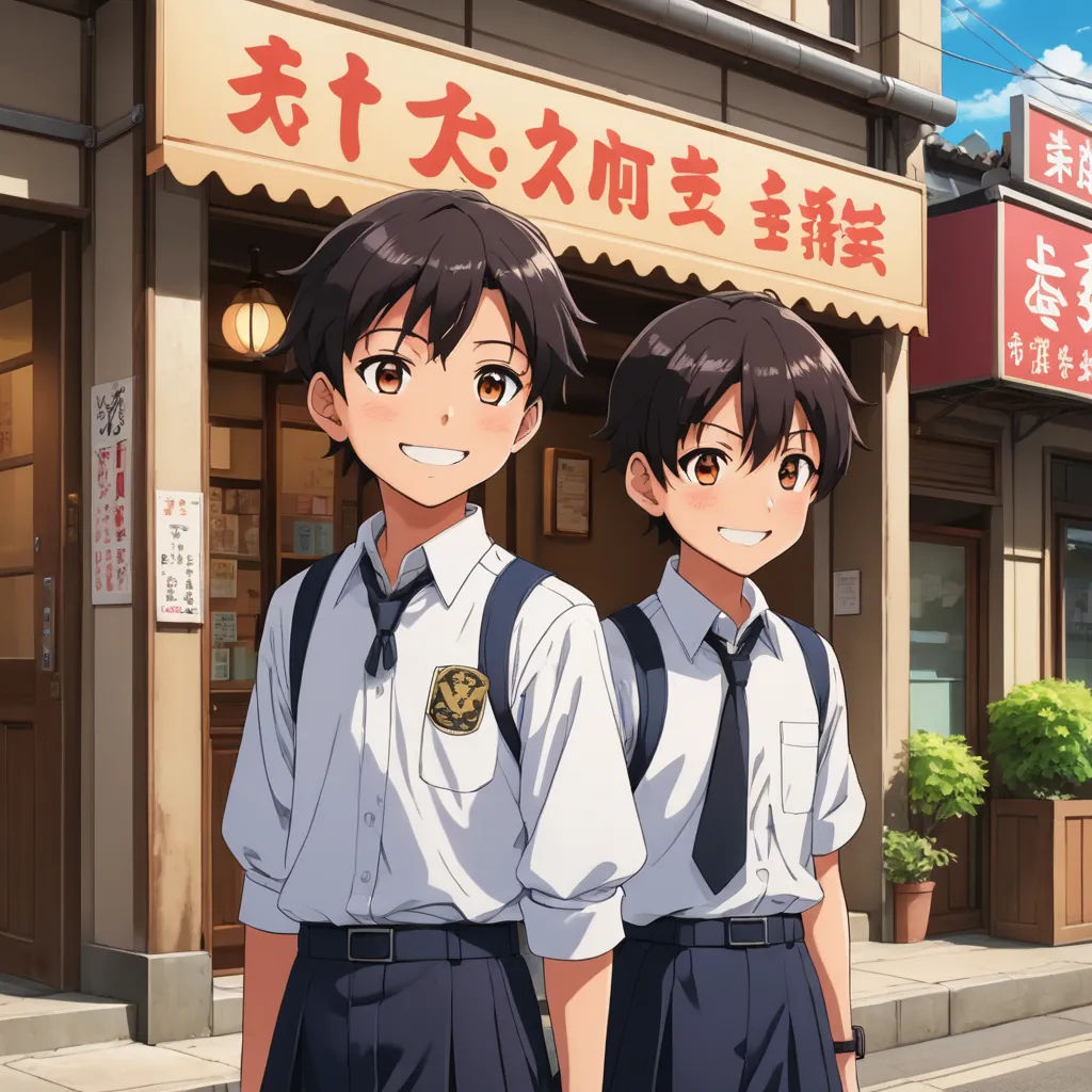 two young boys in uniforms standing in front of a building with a sign that says,'no one is safe ', remodernism, concept art, Ai-Mitsu, kyoto animation