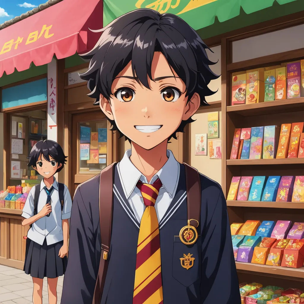 a boy and girl standing in front of a store with a store front and shelves of goods behind them, remodernism, concept art, Adam Manyoki, ufotable