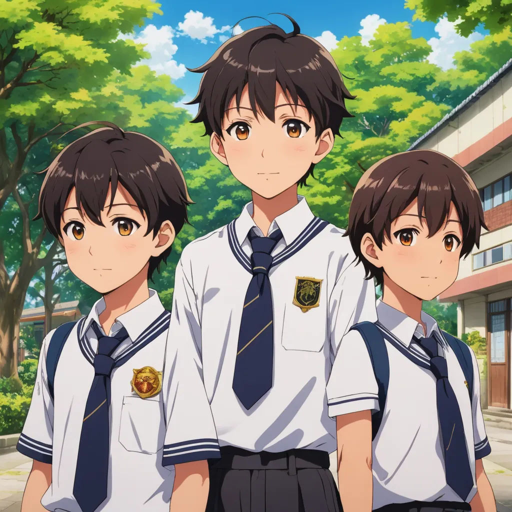 three young boys in school uniforms standing in front of a building with trees in the background and a building with a sign that says,, sots art, concept art, Ai-Mitsu, official art