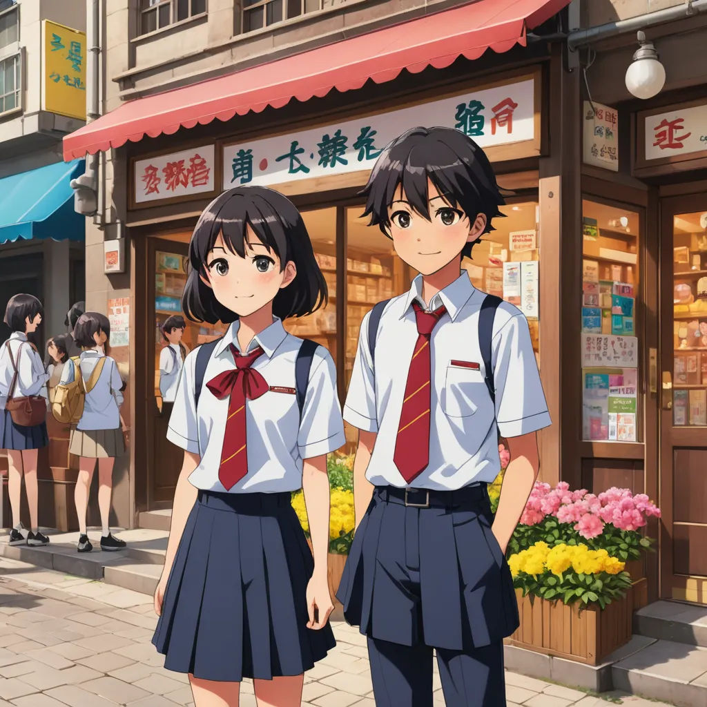 two young girls in school uniforms standing in front of a store front with flowers in the window and people walking by, remodernism, a detailed matte painting, Ai-Mitsu, kyoto animation