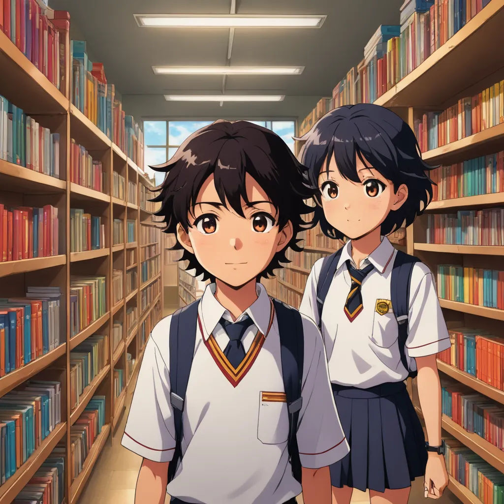 two young girls standing in front of a library full of books and bookshelves with bookshelves behind them, serial art, a character portrait, Aya Goda, official art