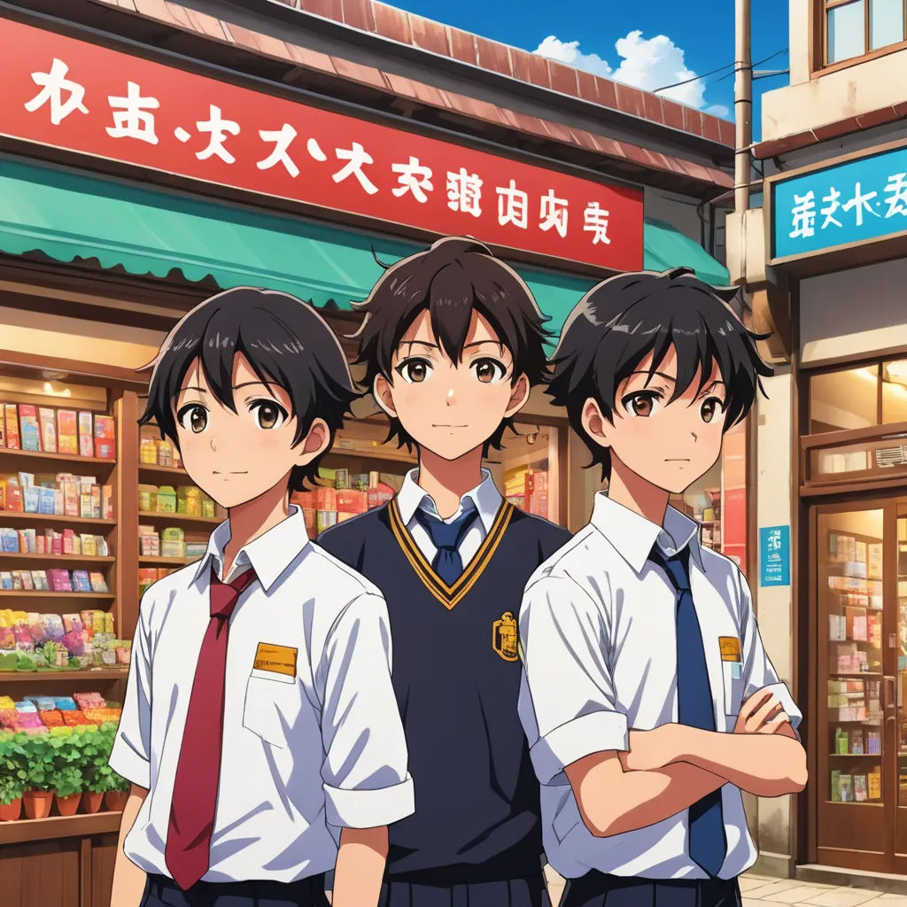 three young men standing in front of a store front with their arms crossed in front of them, in front of a store, remodernism, concept art, Ai-Mitsu, kyoto animation