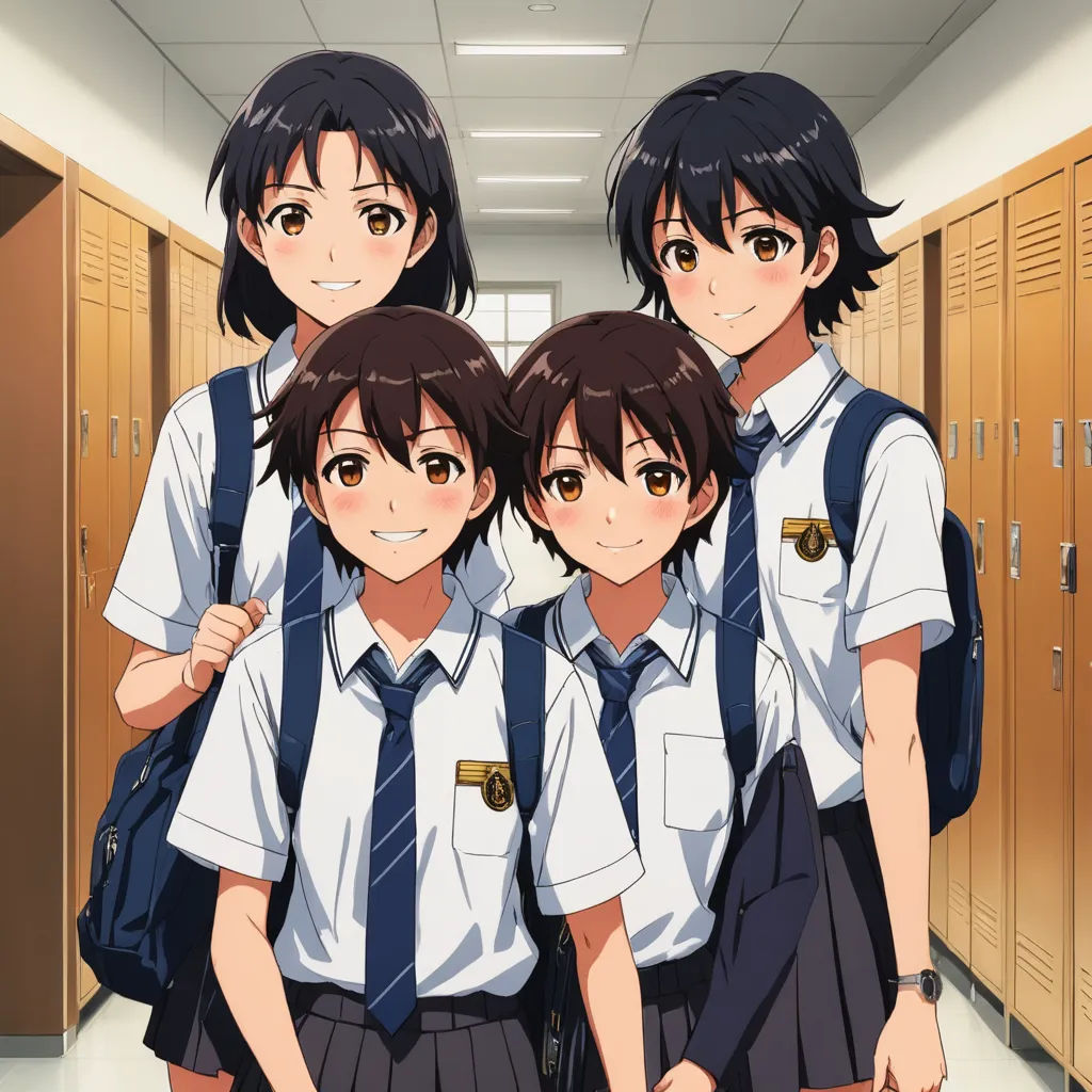 a group of young girls standing next to each other in a hallway with lockers behind them and a boy in the middle, rayonism, a poster, Ai-Mitsu, official art