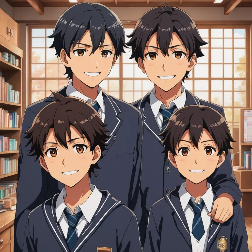 three anime boys in school uniforms posing for a picture together in a library with bookshelves in the background, rayonism, concept art, Ai-Mitsu, official art