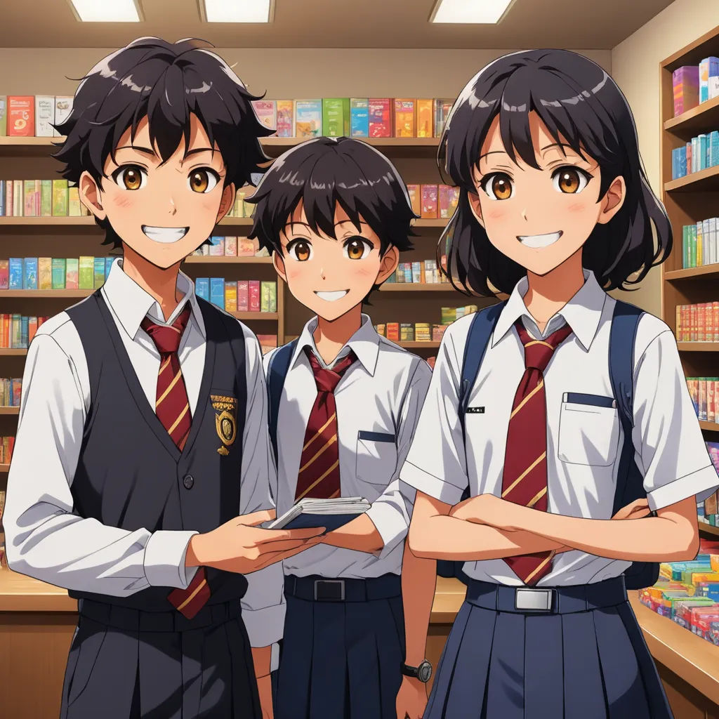 three young girls in school uniforms standing in a store with their arms crossed and looking at the camera, with a shelf of books behind them, remodernism, concept art, Ai-Mitsu, official art