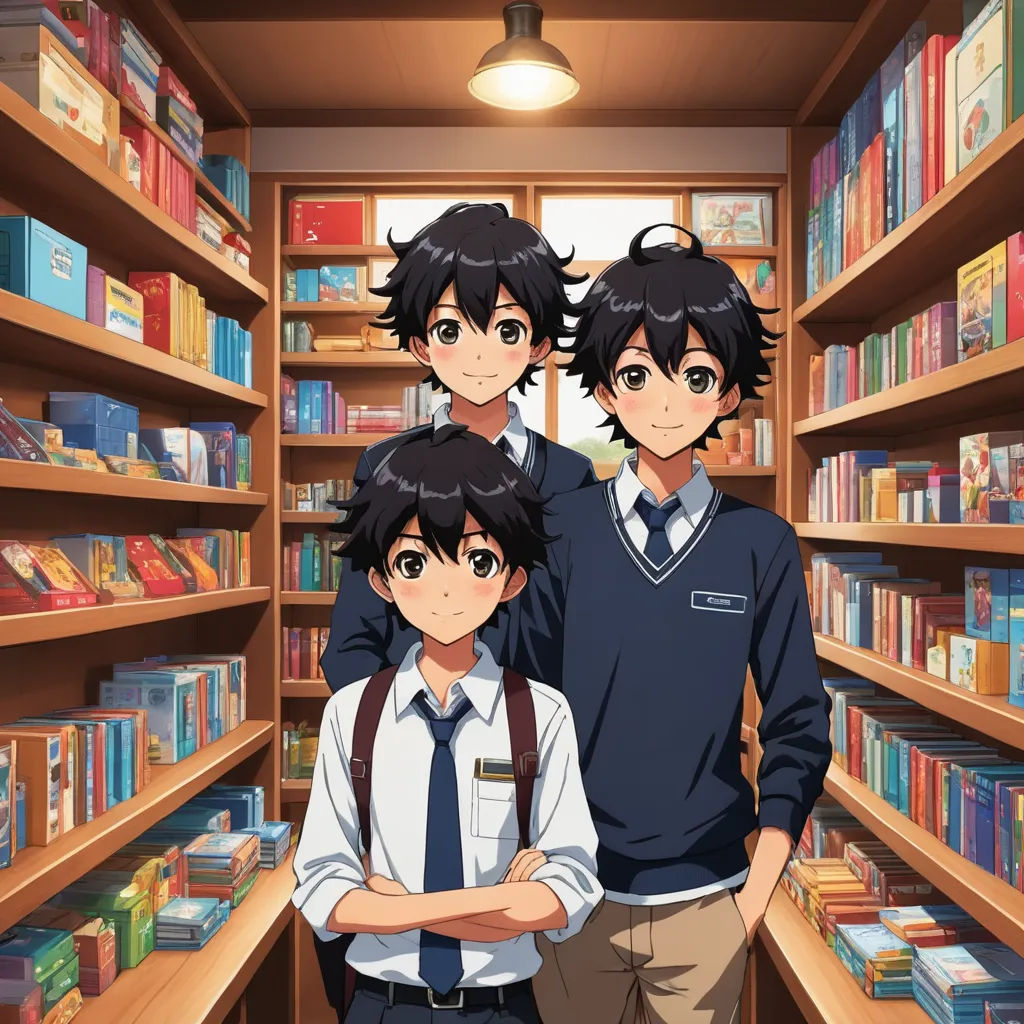 three people standing in a library with bookshelves behind them and a light above them that is on a ceiling, remodernism, poster art, Aya Goda, official art