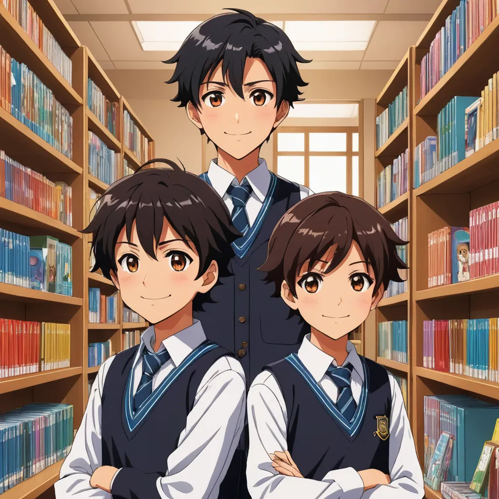 three young people standing in front of a library full of books and bookshelves with their arms crossed, rayonism, concept art, Ai-Mitsu, official art
