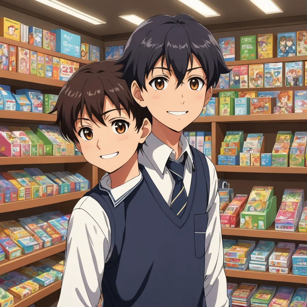 two people standing in front of a store filled with shelves of goods and goods on shelves with shelves of goods, remodernism, concept art, Ai-Mitsu, official art