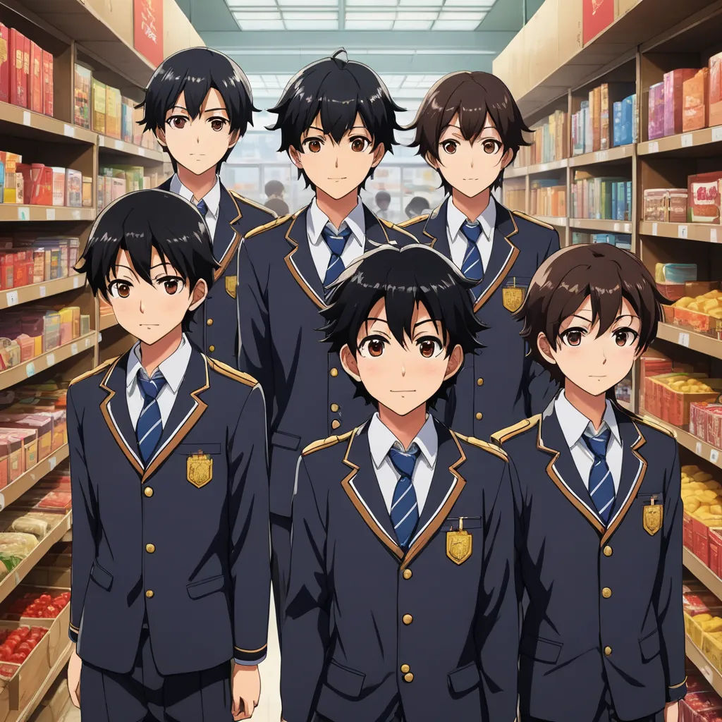 a group of young men in uniforms standing in a store aisle with shelves full of food and a ceiling full of shelves with food, remodernism, concept art, Ai-Mitsu, official art