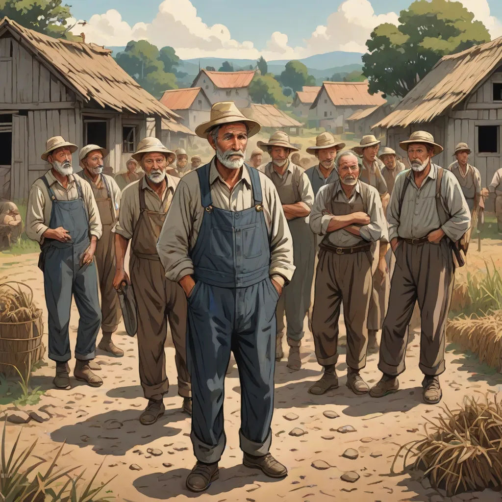 a painting of a man standing in front of a group of men in overalls and hats in front of a farm, american scene painting, a detailed matte painting, F Scott Hess, highly detailed digital painting