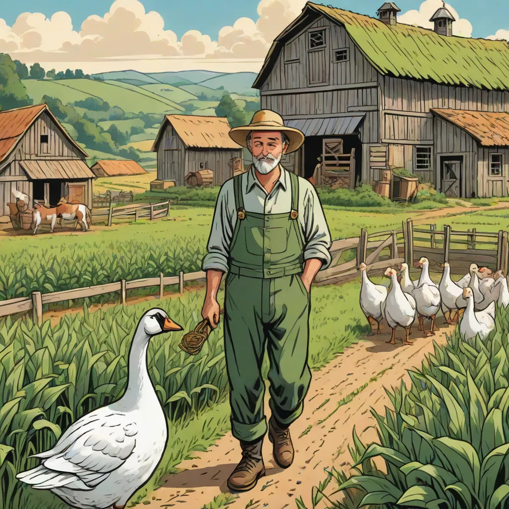 a man standing in a field next to a goose and ducks in front of a barn and farm buildings, american impressionism, a storybook illustration, Balcomb Greene, storybook illustration