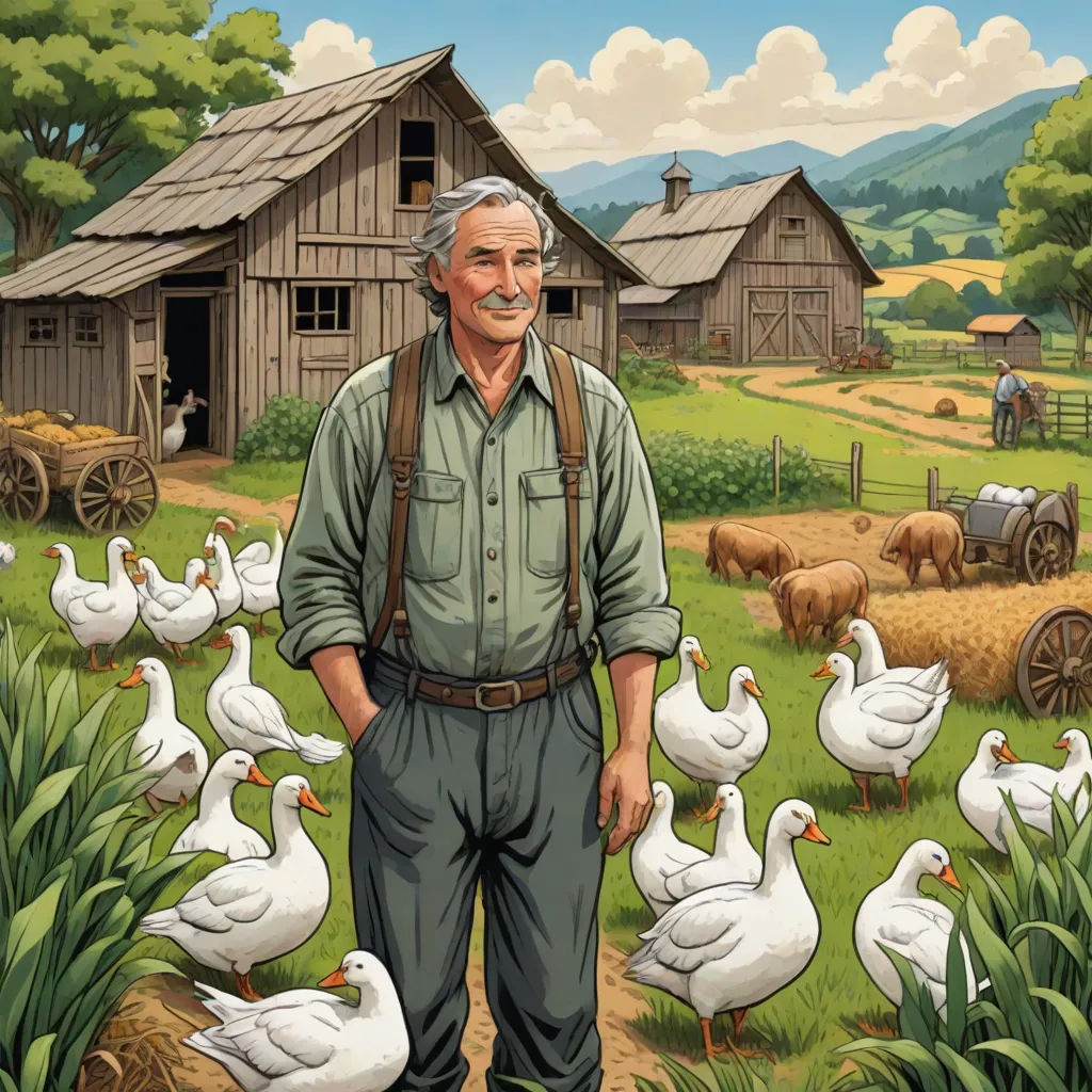 a man standing in front of a flock of geese in a field with a barn in the background and a farm scene in the background, context art, a storybook illustration, David Brewster, storybook illustration
