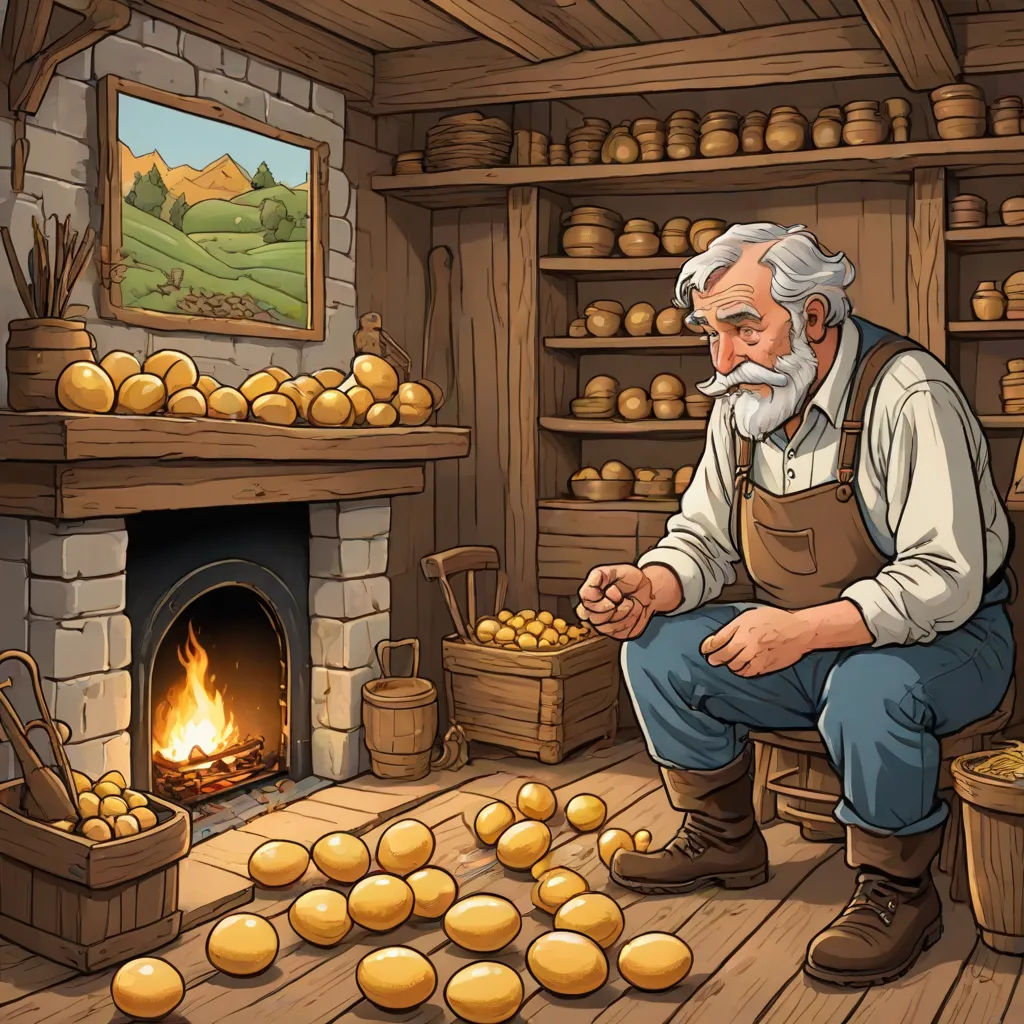 a man sitting in front of a fireplace with a basket of potatoes on the floor next to him and a fire in the fireplace, fantasy art, a storybook illustration, Edmund Leighton, storybook illustration