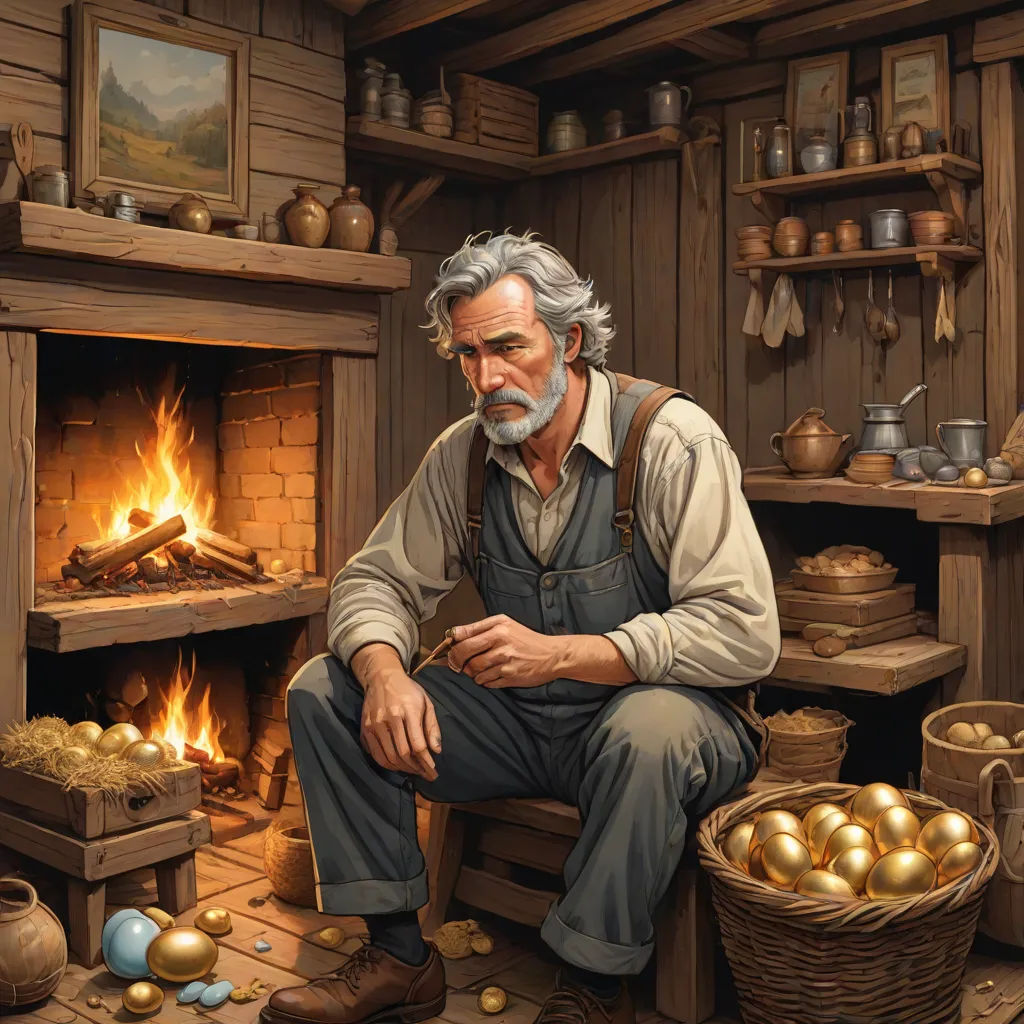 a painting of a man sitting in front of a fireplace with a basket of eggs in front of him, fantasy art, a storybook illustration, F Scott Hess, highly detailed digital painting