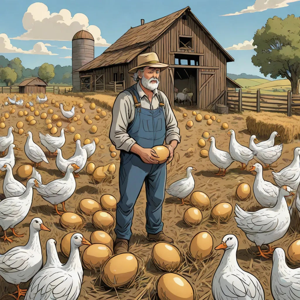 a man standing in a field with a bunch of ducks and eggs in front of him and a barn in the background, context art, a storybook illustration, Dan Mumford, storybook illustration