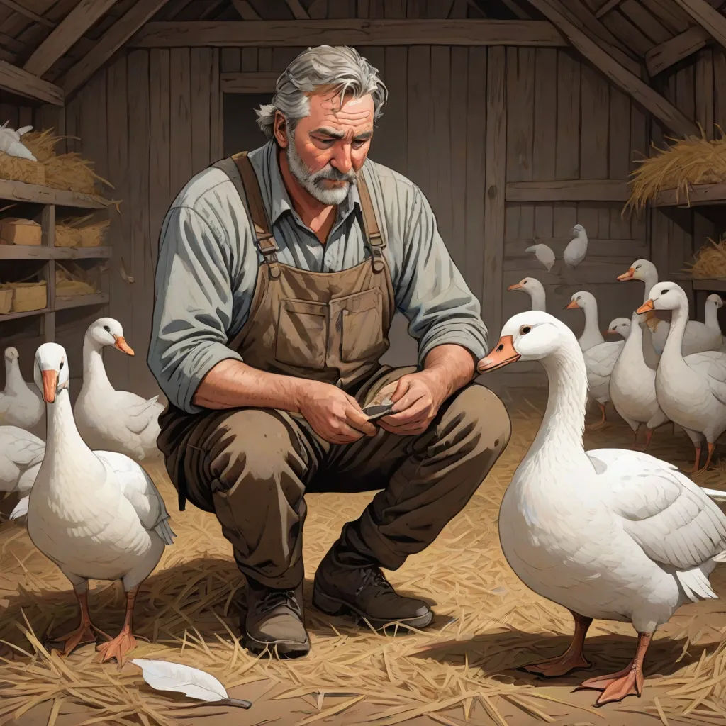 a man kneeling down next to a bunch of ducks in a barn with hay and hay bales on the floor, figurative art, a storybook illustration, David Palumbo, storybook illustration