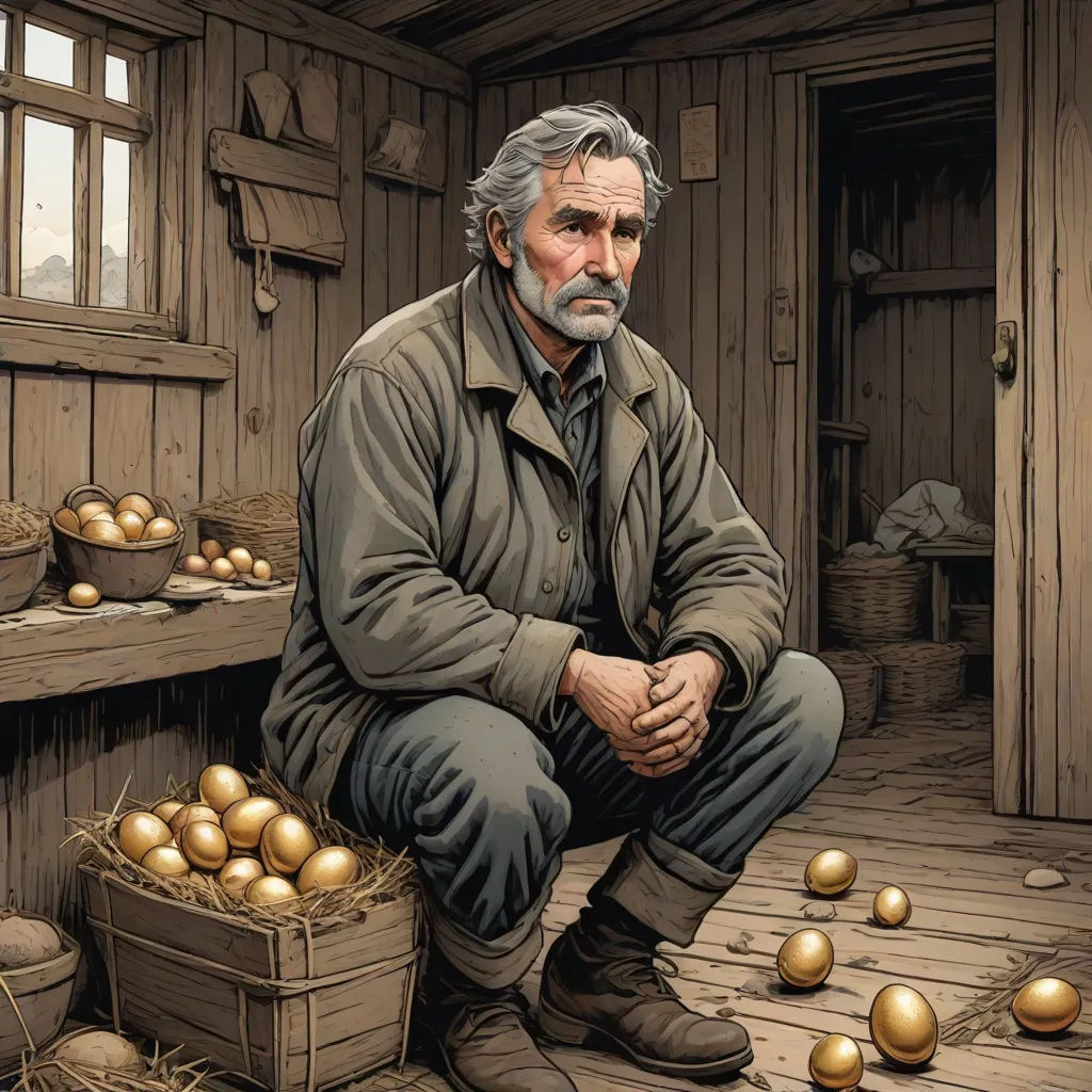 a painting of a man sitting on a porch with eggs in a basket and a basket of eggs in the floor, american realism, a storybook illustration, David Palumbo, western comic book art