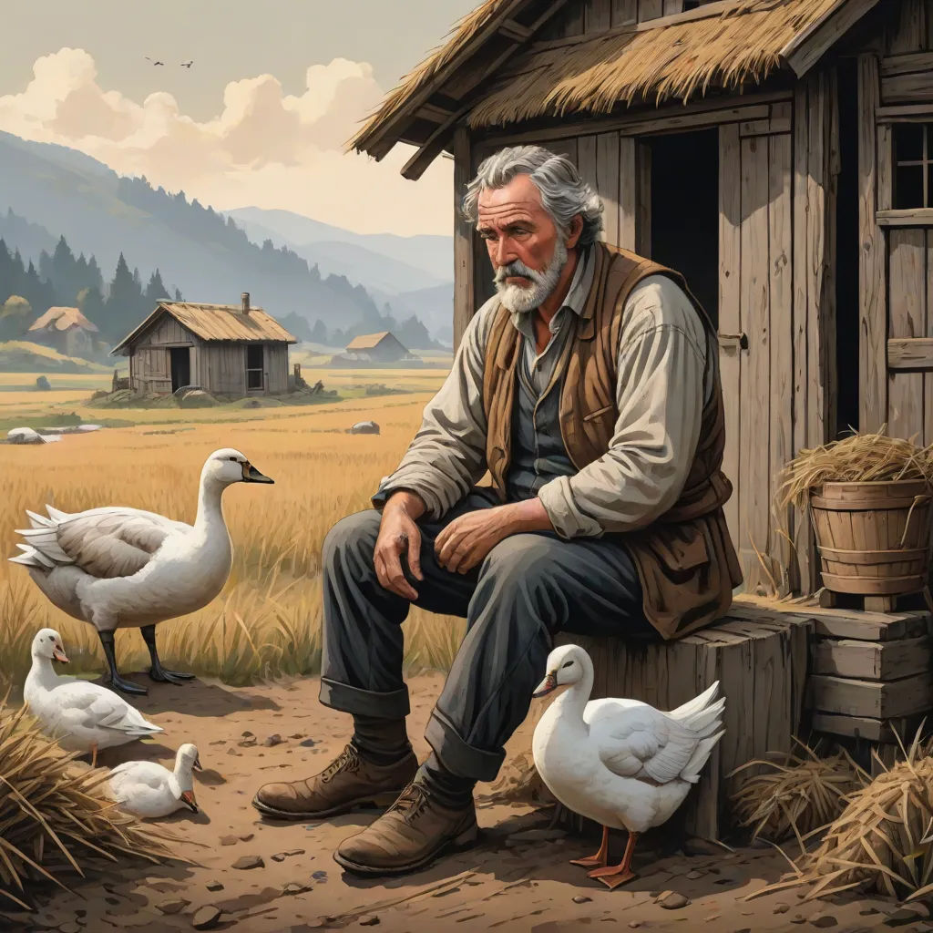 a painting of a man sitting on a bench next to ducks and a barn with a thatched roof, american scene painting, a storybook illustration, Brothers Hildebrandt, highly detailed digital painting