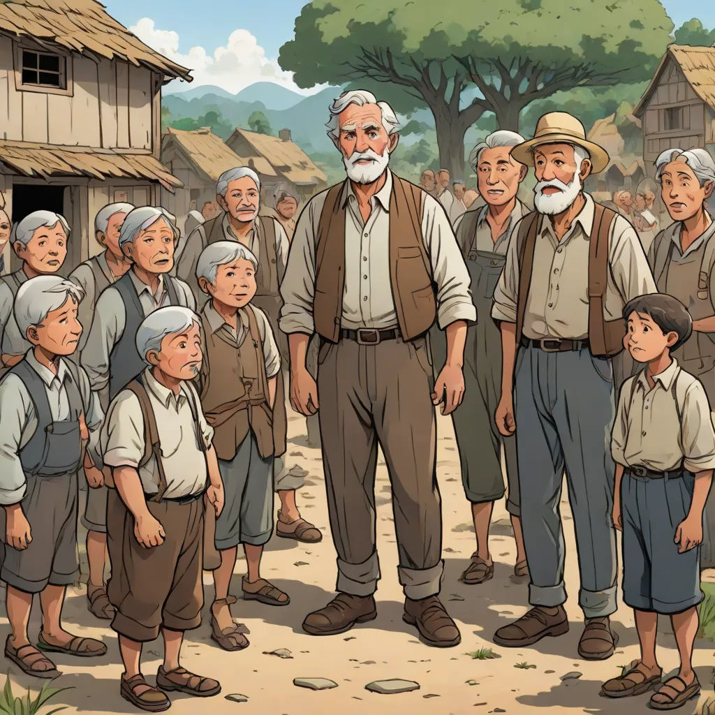 a group of people standing around each other in front of a village with a man in a hat and a group of people, socialist realism, a storybook illustration, Drew Struzan, graphic novel